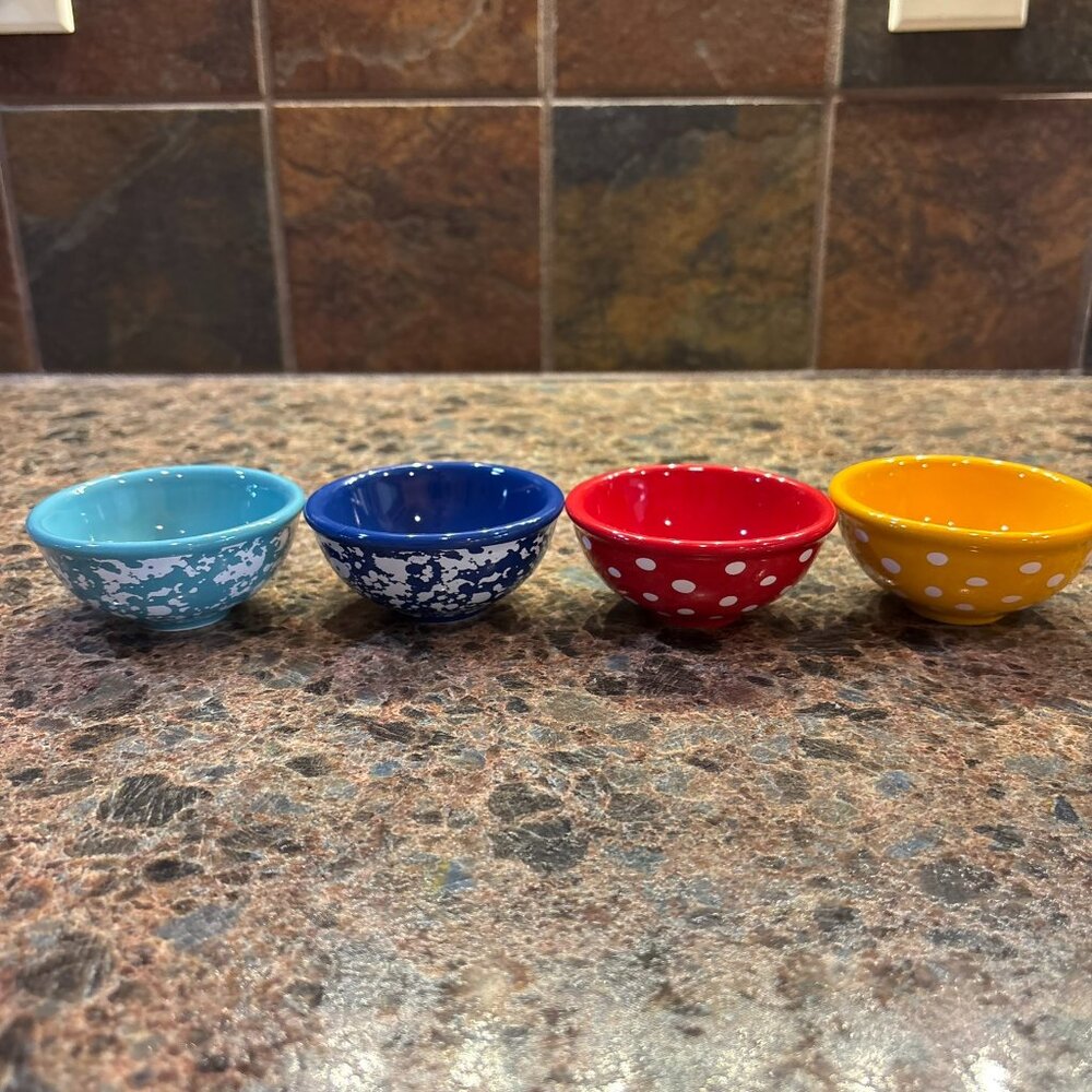 New The Pioneer Woman Dipping Bowls Set of 4 Red Blue Yellow Teal 3.1" Stoneware
